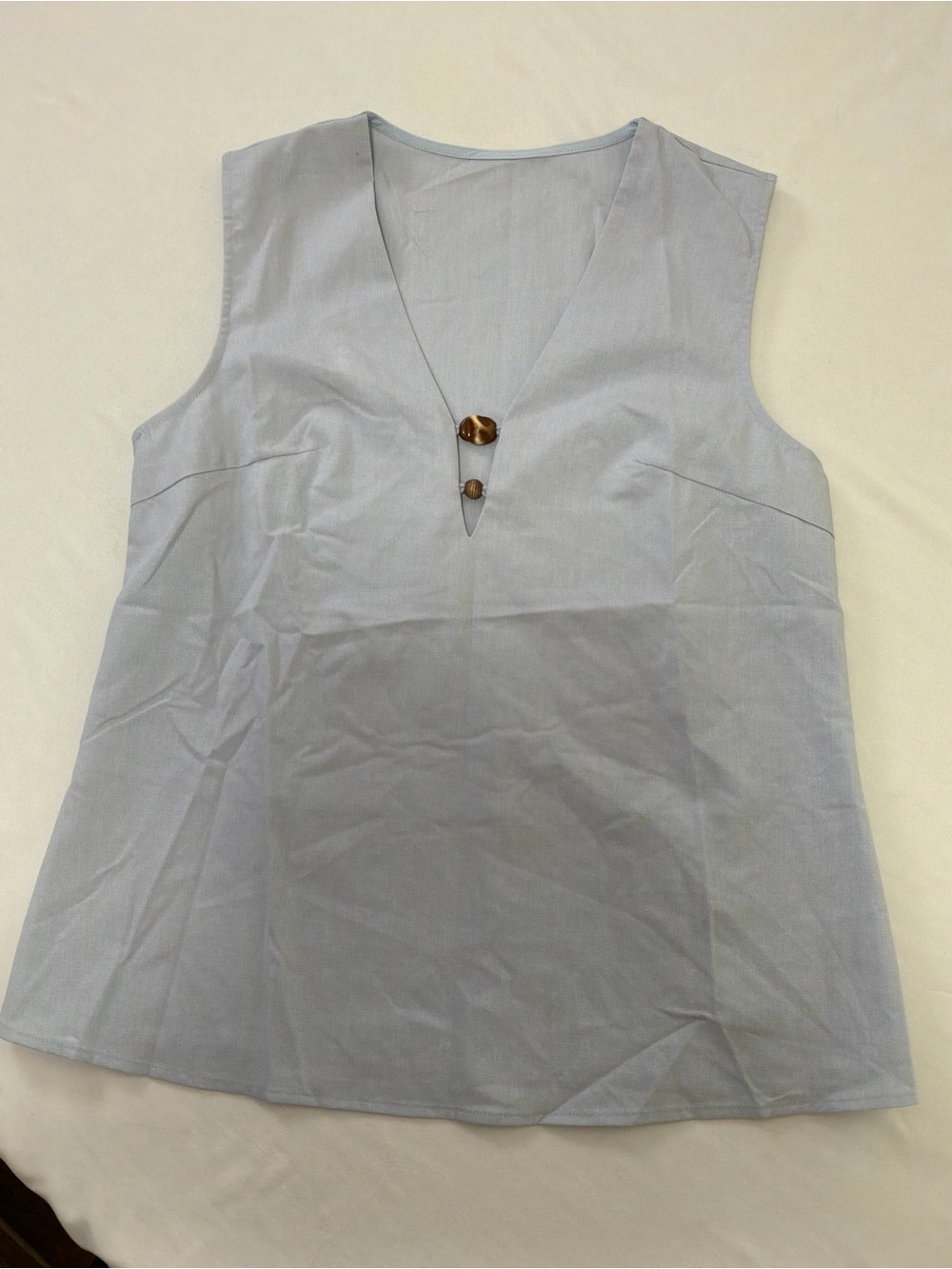 Commense Pale Blue Sleeveless V-Neck Tank with Button Accents